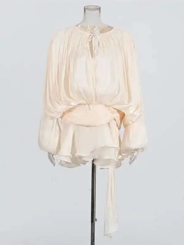 TWOTWINSTYLE Solid Blouse Mini Dresses For Women V Neck Long Sleeve Spliced Lace Up.