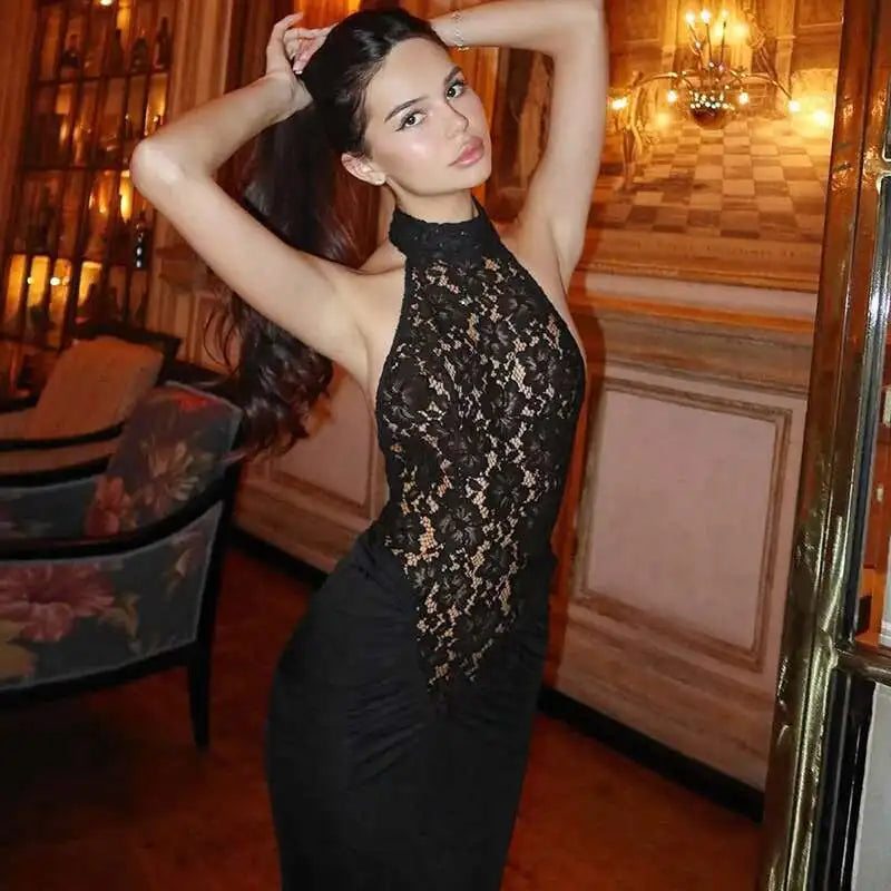 Mozision Lace Halter Backless Sexy Maxi Dress.