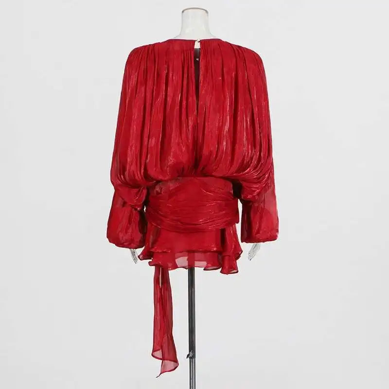 TWOTWINSTYLE Solid Blouse Mini Dresses For Women V Neck Long Sleeve Spliced Lace Up.