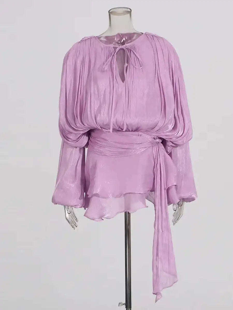 TWOTWINSTYLE Solid Blouse Mini Dresses For Women V Neck Long Sleeve Spliced Lace Up.