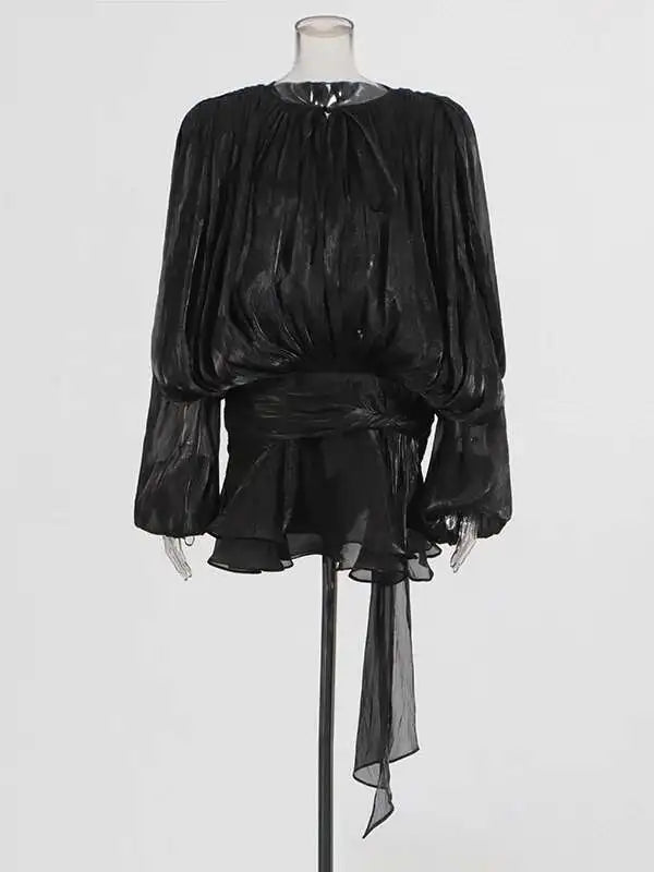 TWOTWINSTYLE Solid Blouse Mini Dresses For Women V Neck Long Sleeve Spliced Lace Up.