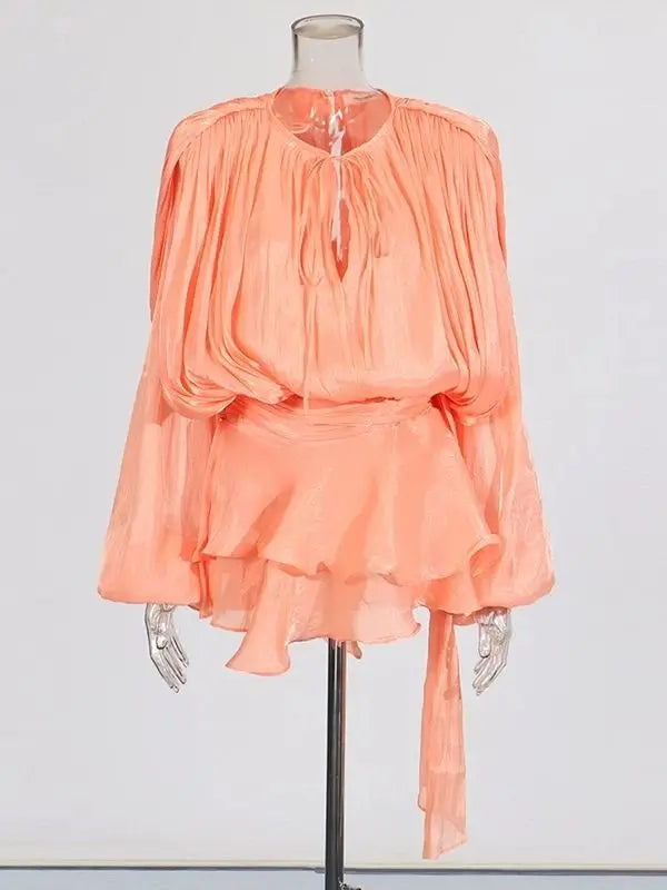 TWOTWINSTYLE Solid Blouse Mini Dresses For Women V Neck Long Sleeve Spliced Lace Up.