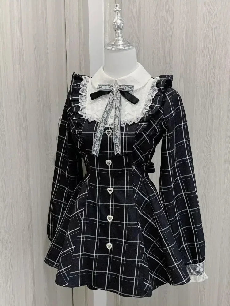 Sweet Bow Black Plaid Dresses