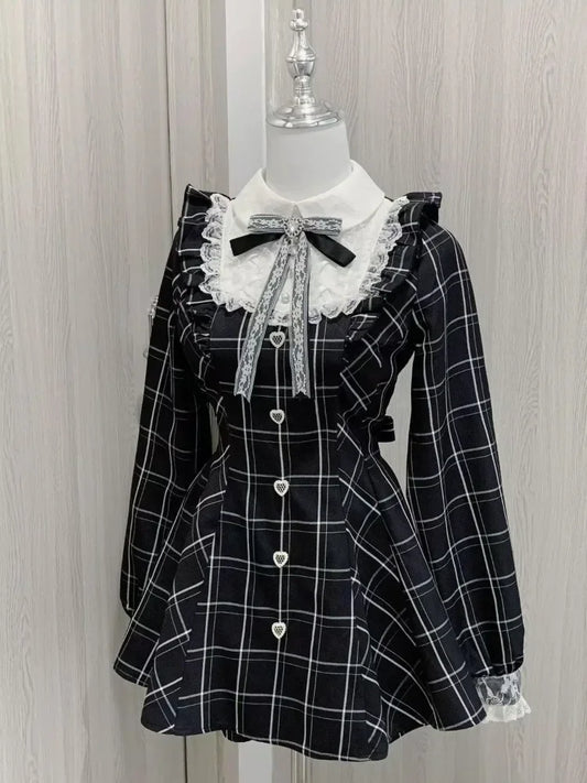 Sweet Bow Black Plaid Dresses