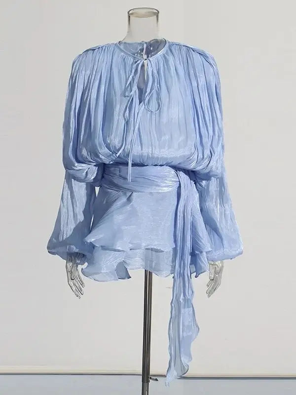 TWOTWINSTYLE Solid Blouse Mini Dresses For Women V Neck Long Sleeve Spliced Lace Up.