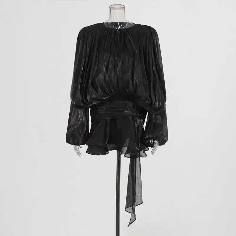 TWOTWINSTYLE Solid Blouse Mini Dresses For Women V Neck Long Sleeve Spliced Lace Up.