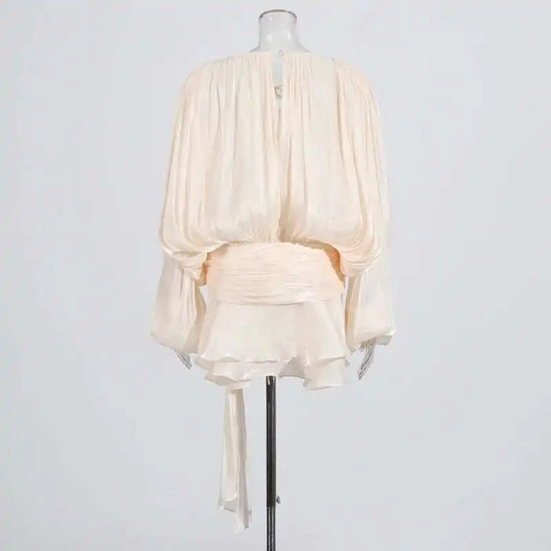 TWOTWINSTYLE Solid Blouse Mini Dresses For Women V Neck Long Sleeve Spliced Lace Up.