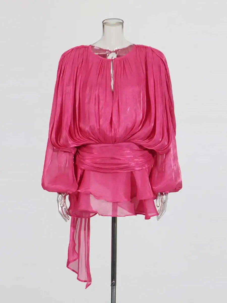 TWOTWINSTYLE Solid Blouse Mini Dresses For Women V Neck Long Sleeve Spliced Lace Up.