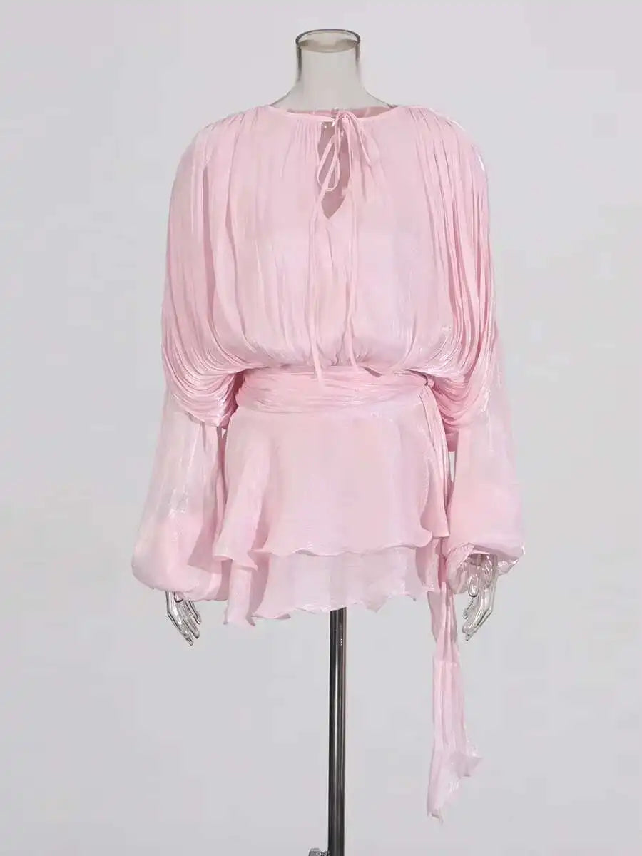 TWOTWINSTYLE Solid Blouse Mini Dresses For Women V Neck Long Sleeve Spliced Lace Up.